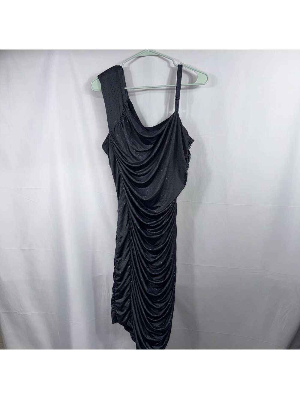 Dots Black One Shoulder Ruched Rhinestone Cocktail Dress 1X